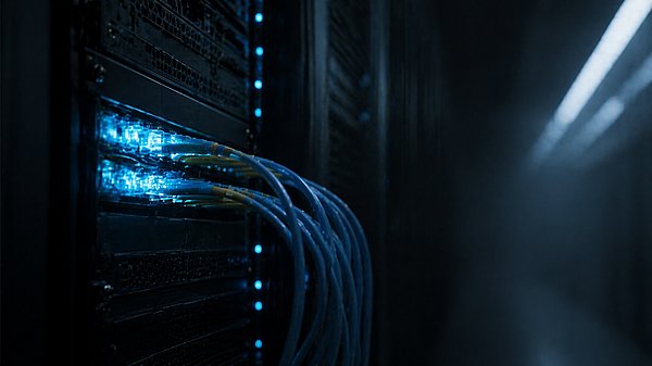 [Translate to English:] Serverschrank im halbdunklen Rechenzentrum mit leuchtenden blauen Status-LEDs an einem Patchfeld.