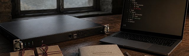 [Translate to English:] Mattschwarze Server-Edge-Box auf Walnuss-Werkbank mit aufgeklapptem Laptop, der einen TYPO3-Backend-Pagetree zeigt; daneben zwei Kraft-Paper-Module-Cartridges mit Mono-Labels 14.3.1 und 13.4.29, im Hintergrund Mosel-Schiefer-Weinberg-Terrassen im Morgennebel.