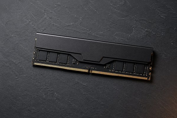 Matte black DDR5 memory module placed diagonally on a dark slate surface, lit by a cool light from the upper left, with visible gold contacts and a short shadow cast to the right.