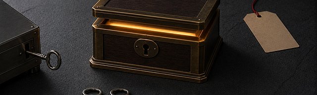 [Translate to English:] Antike Messing-und-Walnuss-Schließbox auf glattem Beton, leicht geöffnet mit warmem Lichtstrahl im Spalt; daneben zwei nahezu identische Edelstahl-Schlüssel und ein dritter, halb in einem separaten Schloss steckender Schlüssel als parallele Einbruchspur. Daneben eine Kraftpapier-Etikette mit oxblutfarbenem Faden im kühlen Nordlicht.