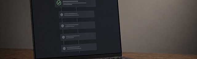 A modern dark laptop open on an oak desk, screen showing an abstract pull request workflow with a subtle green check accent, in soft studio light.