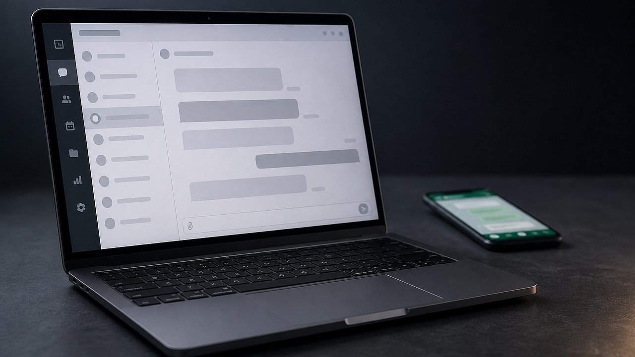 Mattgrauer Business-Laptop mit Enterprise-Messaging-Interface scharf im Vordergrund, ein Smartphone mit Consumer-Messenger unscharf im Hintergrund — Metapher für die strukturelle Trennung von Business- und Consumer-Kommunikation.