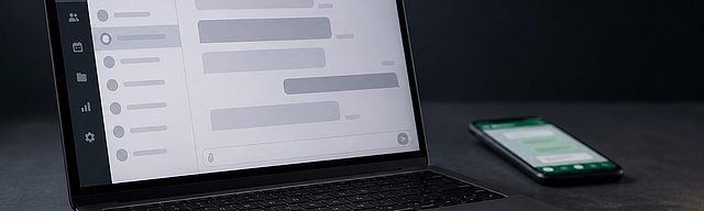 A matte-grey business laptop with enterprise messaging interface sharp in the foreground, a smartphone with consumer messenger blurred in the background — metaphor for the structural separation of business and consumer communication.