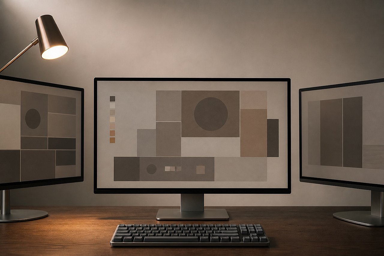 Drei Monitore mit ruhigem Content-Workflow auf Eichentisch, daneben mechanische Tastatur, weiches Tageslicht von links.