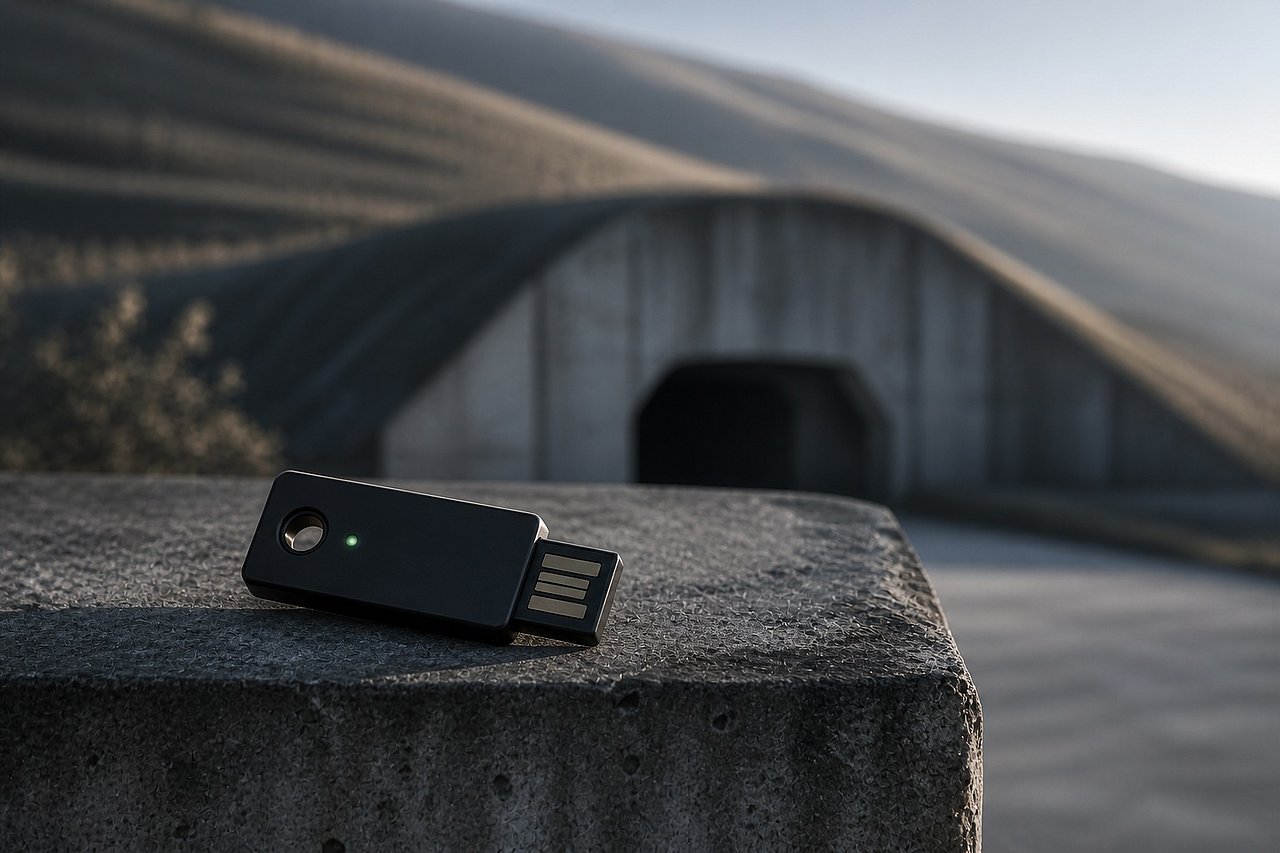 Hardware-Security-Token auf verwittertem Beton-Sockel, im Hintergrund weich gezeichneter Cyber-Bunker-Eingang in der Mosel-Steillage, kühles Morgenlicht.