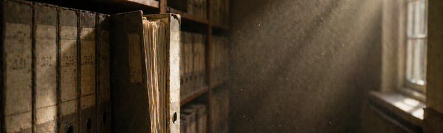 [Translate to English:] Verstaubtes Archivregal mit Aktenordnern, ein einzelner Ordner steht offen heraus im schrägen Fensterlicht.