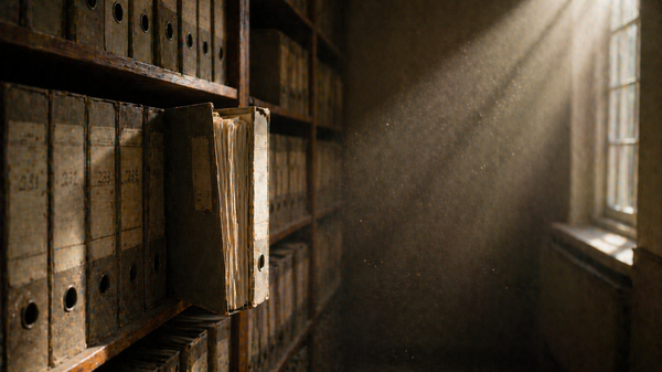 [Translate to English:] Verstaubtes Archivregal mit Aktenordnern, ein einzelner Ordner steht offen heraus im schrägen Fensterlicht.