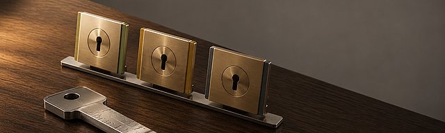 Precision-machined brushed-aluminium master key on an oak desk, three matched brushed-brass keyway plates arranged in a precise arc on a steel rail, each plate carrying a subtle sage, ochre or slate band. Soft directional daylight from the left.