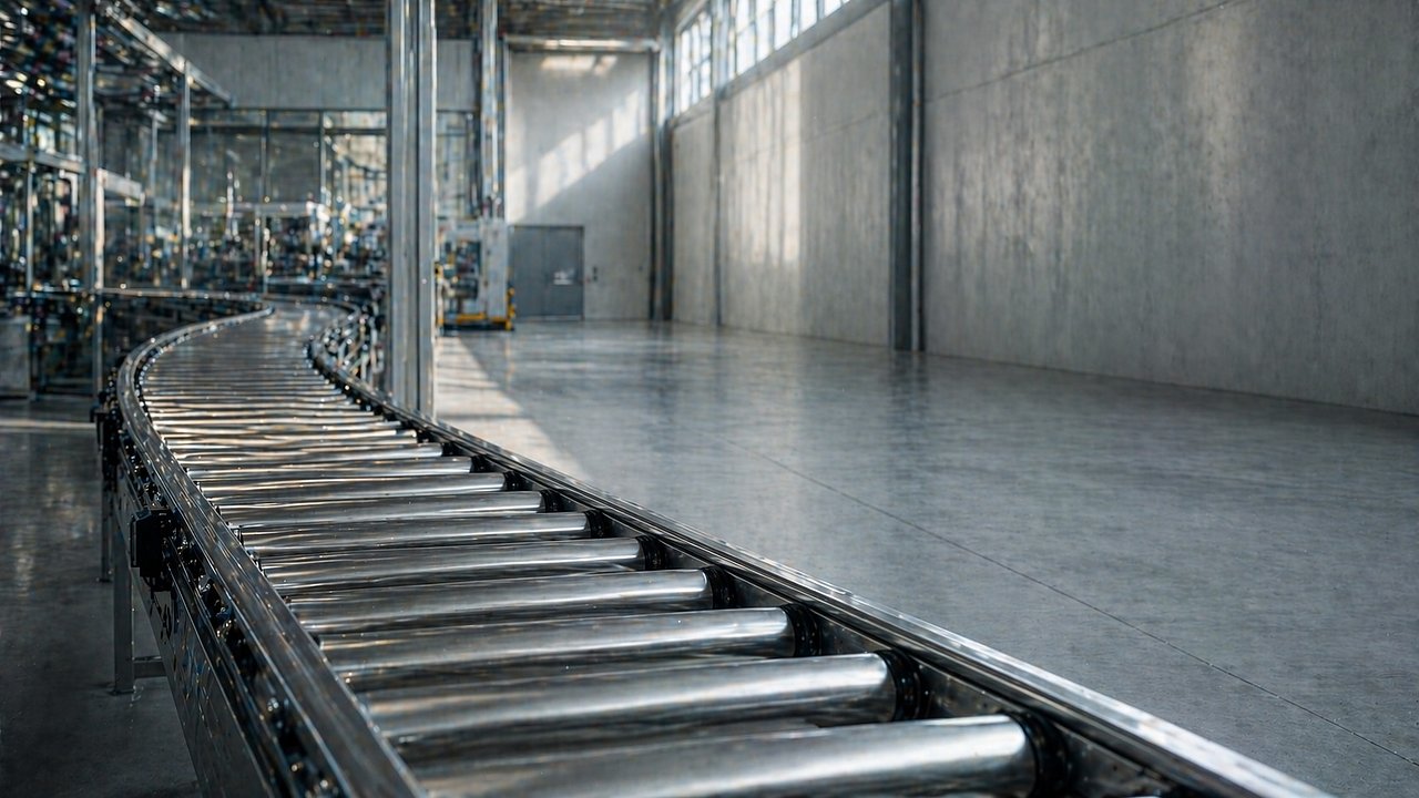 Industrielles Förderband mit Rollen in leichter Bewegungsunschärfe in einer hellen Fabrikhalle.