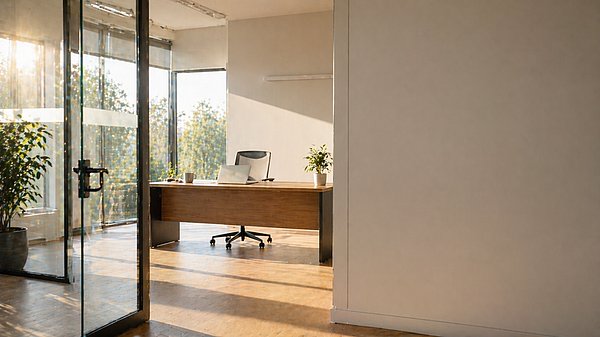 Offene Glastür mit Blick auf einen aufgeräumten leeren Schreibtisch im warmen Morgenlicht.