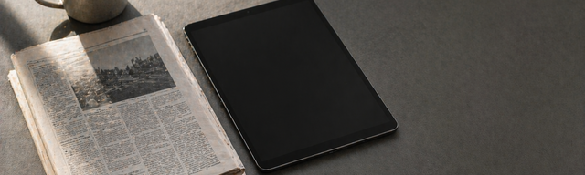 [Translate to English:] latlay von oben mit gefalteter gedruckter Zeitung neben einem geschlossenen Tablet auf einem Redaktionstisch.