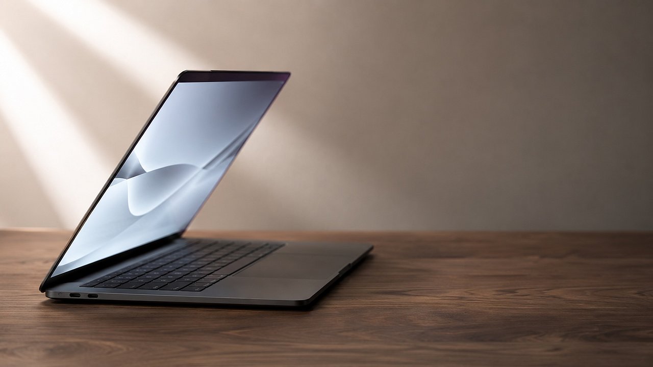 Halb-geöffnetes modernes Notebook auf einer Walnussholz-Oberfläche, Display zeigt einen abstrakt strukturierten Workflow als weiche Form, weiches Tageslicht von links — Metapher für das Lagebild zur KI-Agenten-Adoption im Mittelstand der zweiten Maiwoche 2026.