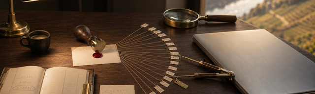 3/4 low eye-level on a Mosel-side walnut desk: run-seal card with the only oxblood seal, brass petschaft, sixteen threads fanning into a Mosel-window bokeh, two pairs spanned by brass dividers; lower-left run ledger and espresso; right a closed brushed-aluminium laptop, no logo; upper right brass loupe; right edge Mosel terraced-vineyard bokeh.