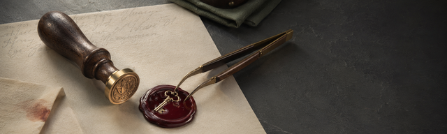 A notary's seal beside a still-warm oxblood wax pool on a cream-paper document; a brass-and-walnut pair of tweezers lifts an embedded brass key blank out of the still-soft wax core — a metaphor for the race window in the kernel ptrace path CVE-2026-46333, where a dying privileged process still yields its file descriptors before the seal fully sets.