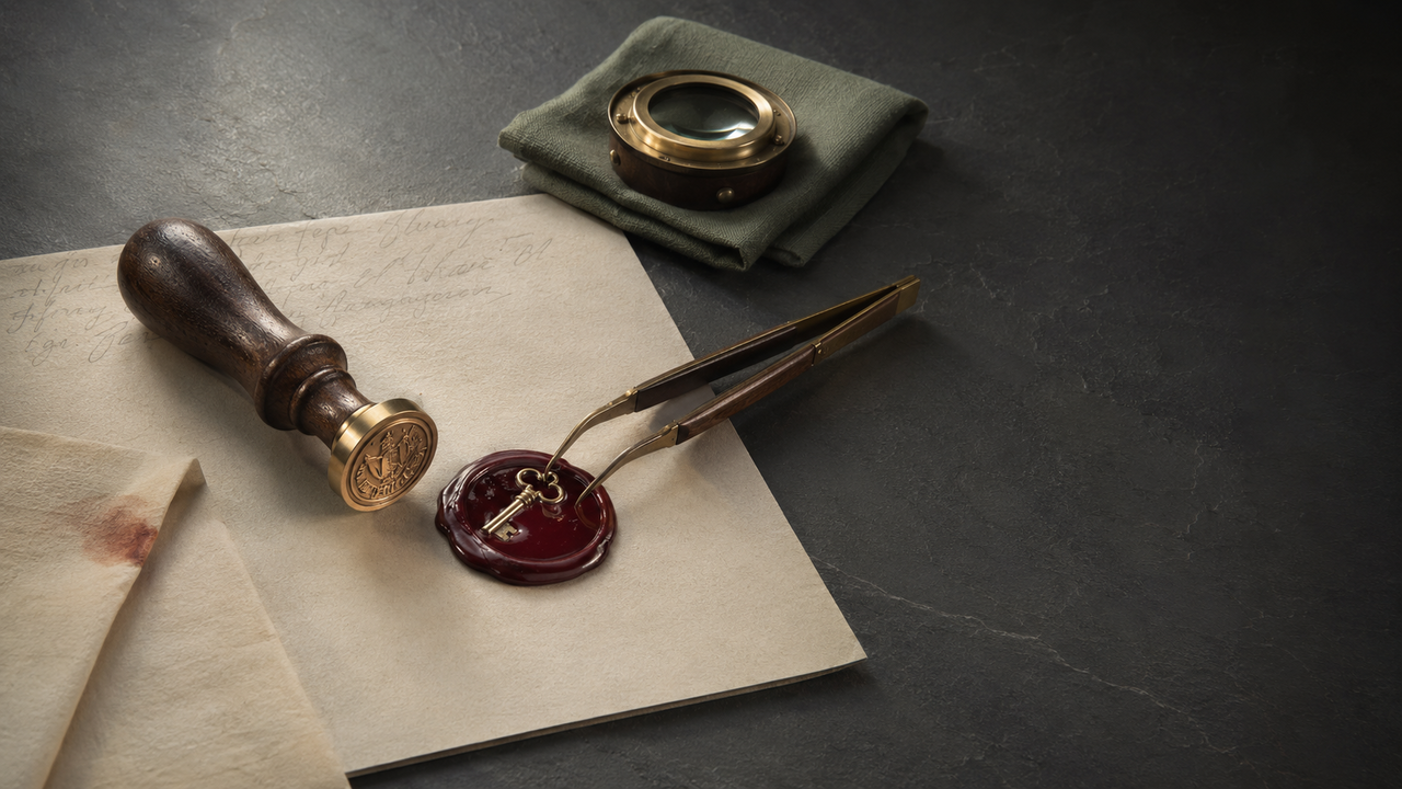 Notar-Petschaft mit halbflüssigem oxblutroten Wachs auf cremefarbenem Aktendokument, eine brass-and-walnut Pinzette zieht ein eingebettetes Messing-Schlüsselrohling aus dem noch weichen Wachskern — Metapher für das Race-Window beim Kernel-ptrace-Pfad CVE-2026-46333, in dem ein sterbender privilegierter Prozess seine Filedeskriptoren noch hergibt, bevor das Siegel vollständig erkaltet.