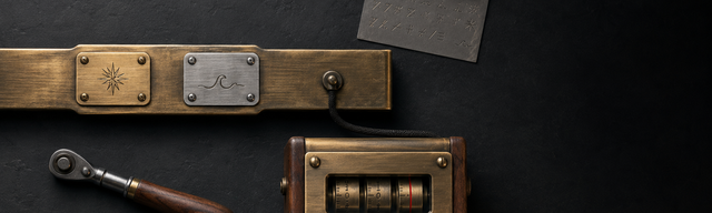 An editorial still life on matt dark slate: a brushed brass busbar bears two different owner’s plaques (warm brass and cool nickel, each with an illegible stamped mark). At the bottom right, a brass-and-walnut-framed analogue kilowatt meter, with a digit wheel stopped precisely at a break line painted in oxblood red — the only saturated colour in the image. Metaphor: shared conductor, two owners, a hard measurement boundary (Neocloud Compute between Anthropic and xAI/SpaceX on Colossus 1).