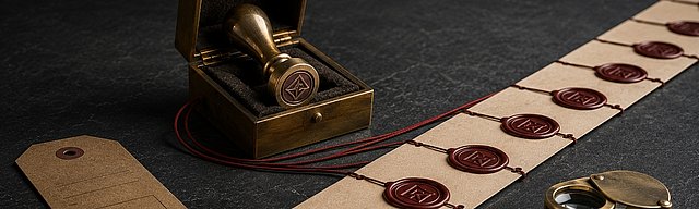 PwC-Anthropic alliance: 30,000 consultants on Claude Row of identical kraft-paper cards on concrete, each bearing the same precise oxblood wax seal; in the centre a small brass wax-seal kit in a felt-lined cradle, all cards connected by a single thin oxblood cotton thread.
