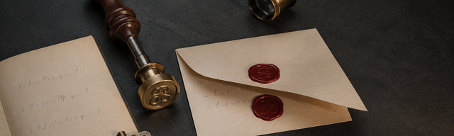 A walnut-handled brass wax-seal press lies with its die-head lifted, centred-left on a smooth dark slate surface. Beside it a cream-paper envelope, partially lifted at its upper-right corner to reveal the inner letter — both bear the same precise oxblood-red seal imprint, identical in position and pressure, as if the wax cured through both layers. In the lower left, a cream-paper ledger with three pencil-shorthand entries and a brushed-steel binder clip; in the upper right, a brass-cased magnifying loupe with its lens tilted toward the lifted envelope corner. Cool studio key light from the upper left, warm rim light from the lower right.