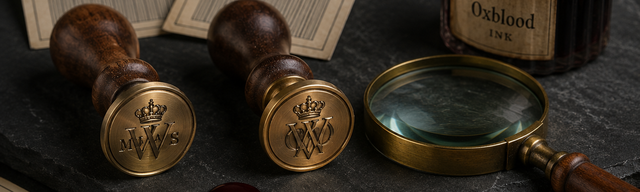 A still life on a matt, dark slate surface: two burnished, brass-coloured seals side by side, beneath them two cream-coloured sample cards with almost identical impressions — at a tiny point where the left-hand impression differs, a single drop of oxblood ink begins to soak into the paper fibres, the only saturated colour in the image. On the left, the auditor’s ledger; top right, a brass magnifying glass in the darkroom. Translated with DeepL.com (free version)