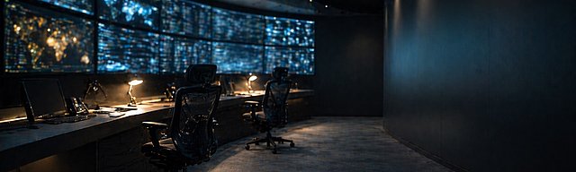 [Translate to English:] Abgedunkelter Leitstand bei Nacht mit zwei leeren Bürostühlen vor einer Wand aus leuchtenden Monitoren.