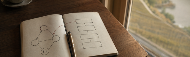 Walnut writing desk in morning light with two open notebooks — left a hand-drawn graph with the nodes SEO, GEO and Schema.org symbols, right a stack of four hand-drawn layers Retrieval, MCP, Provenance and Channel; a fine oxblood ink line crosses the gap as a migration arrow from the Retrieval layer to the GEO node — a metaphor for the evolution from GEO-Ready to AI-Ready in mid-sized-business CMS architecture.