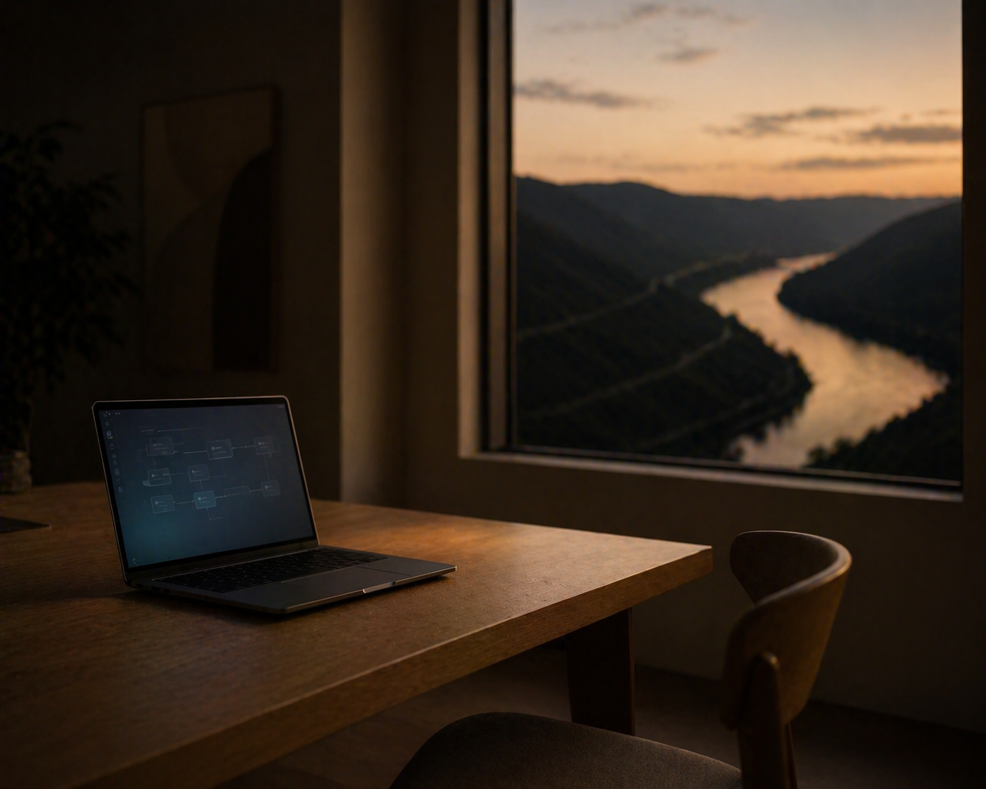 [Translate to English:] Leerer Arbeitsplatz in der Abenddämmerung mit leerem Stuhl und aufgeklapptem Laptop auf einem Eichen-Schreibtisch, durch das Fenster rechts das weich gezeichnete Moseltal im letzten Tageslicht.