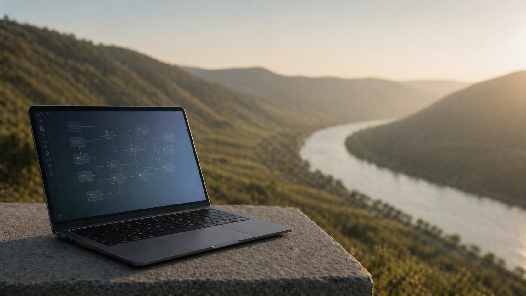 [Translate to English:] Moderner dunkelgrauer Laptop geöffnet auf einer ruhigen Stein-Oberfläche im Weinberg, auf dem Screen ein abstrakter Workflow als Form, dahinter das weich gezeichnete Moseltal im warmen Nachmittagslicht.